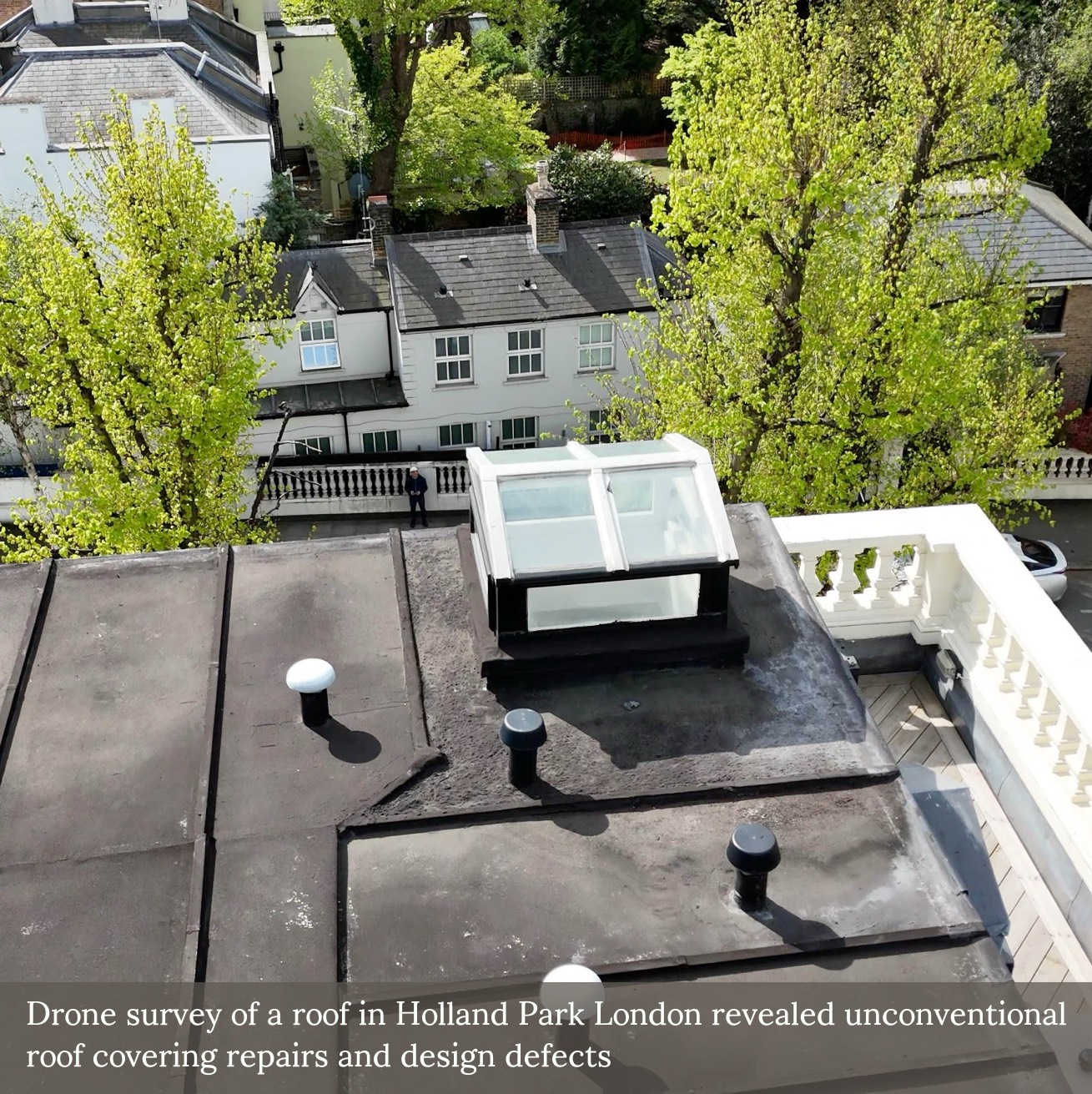 Roof Risk Without Internal Access
We are often instructed to assess external roof coverings where internal access is restricted. A recent case in W14 illustrates the value of high-level drone inspection for identifying latent structural concerns from the outside.
Numerous depressions in the flat roof deck suggested potential hidden deterioration of the substrate, likely linked to historical water ingress. In the absence of internal inspection, we recommended core sampling to confirm the extent of any concealed damage and to inform the appropriate scope of remedial work.
External-only inspections, when carried out systematically, can yield sufficient evidence to justify further investigation, particularly where the risk of ongoing deterioration to concealed timber or insulation is suspected.